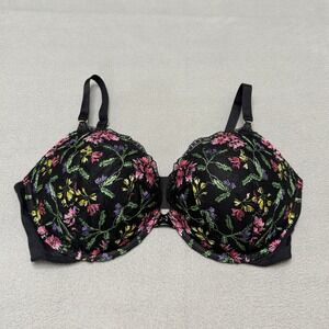 Victorias Secret Bra Womens 38DD Black Floral Embroidery Very Sexy Push Up Lace